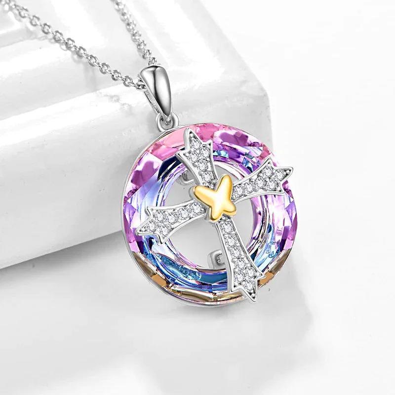 Christianartworkshop Modern Style Friendship Blessing Cross Bowknot Crystal Necklace - Purple - image 1