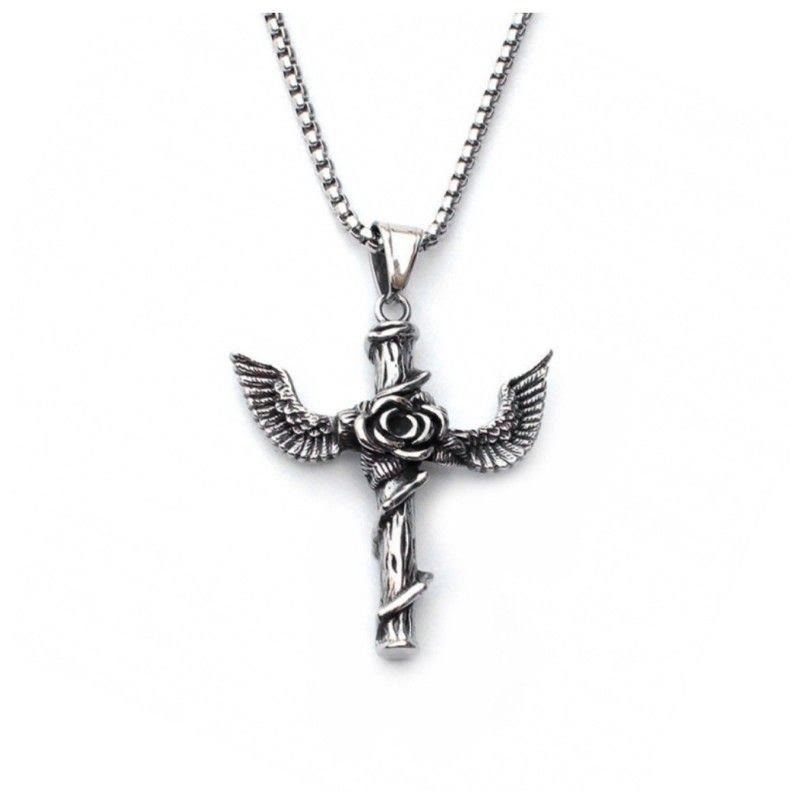 Christianartworkshop Retro Style Wings Rose Cross Pendant Titanium Necklace - image 3