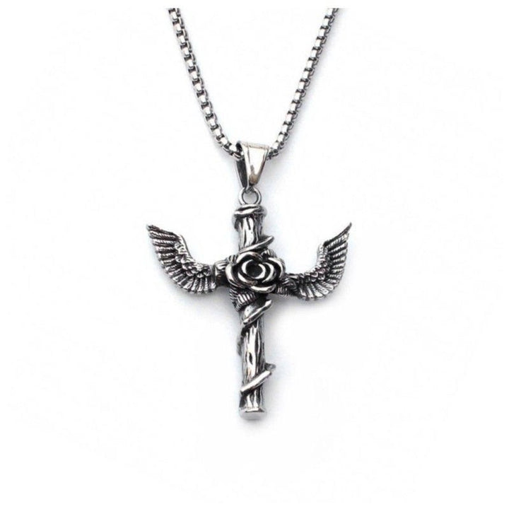 Christianartworkshop Retro Style Wings Rose Cross Pendant Titanium Necklace - image 3