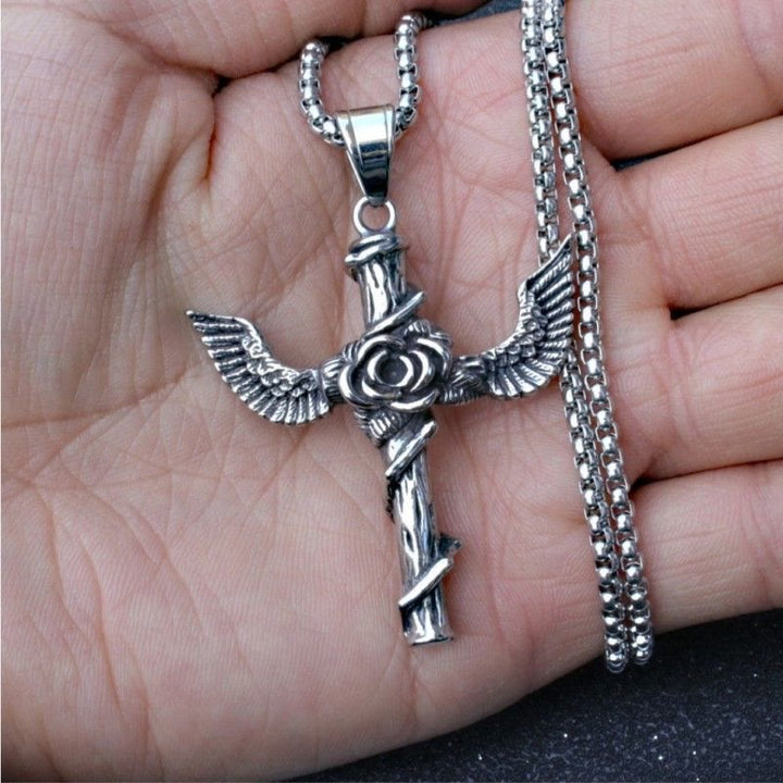 Christianartworkshop Retro Style Wings Rose Cross Pendant Titanium Necklace - image 2