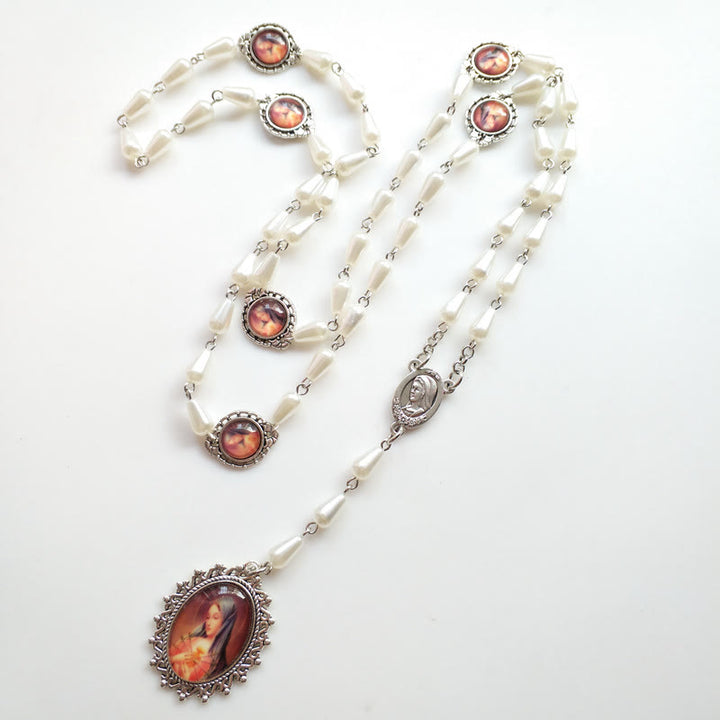 Christianartworkshop Immaculate Heart of Mary of 5*10 mm Drop-shaped White Pearl Alloy Chain Rosary - image 4