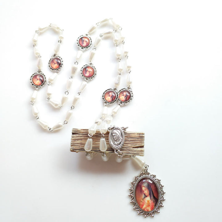 Christianartworkshop Immaculate Heart of Mary of 5*10 mm Drop-shaped White Pearl Alloy Chain Rosary - image 3