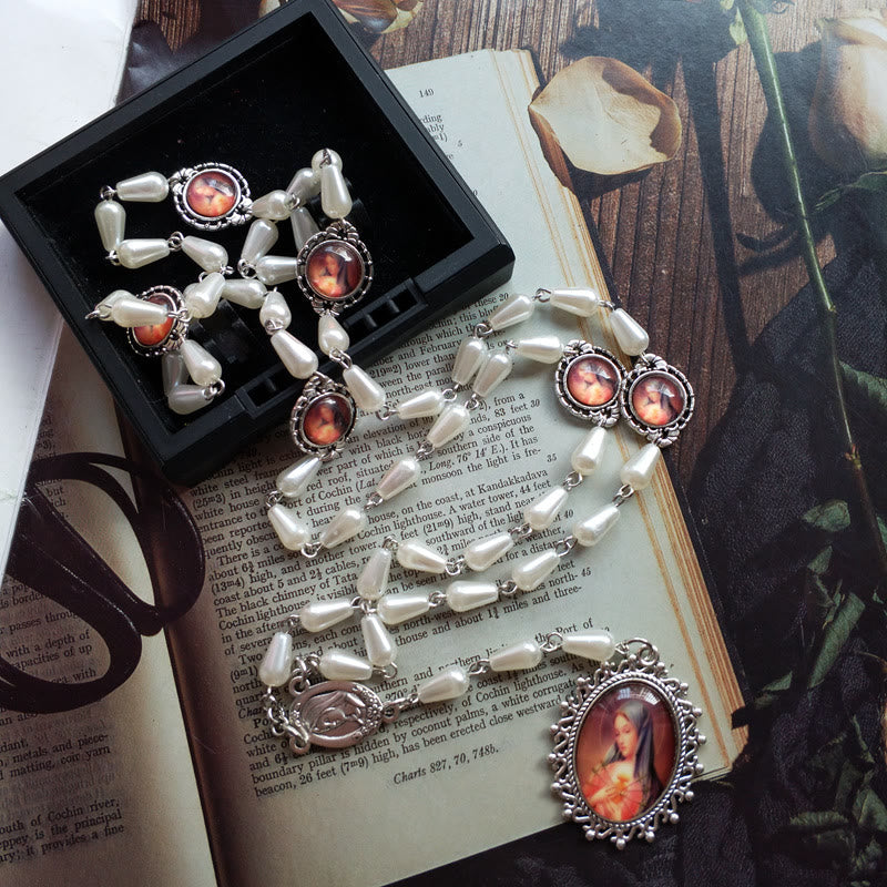Christianartworkshop Immaculate Heart of Mary of 5*10 mm Drop-shaped White Pearl Alloy Chain Rosary - image 2