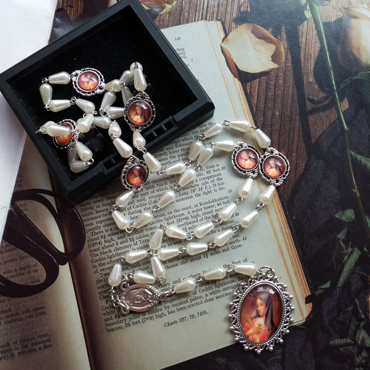 Christianartworkshop Immaculate Heart of Mary of 5*10 mm Drop-shaped White Pearl Alloy Chain Rosary - image 2