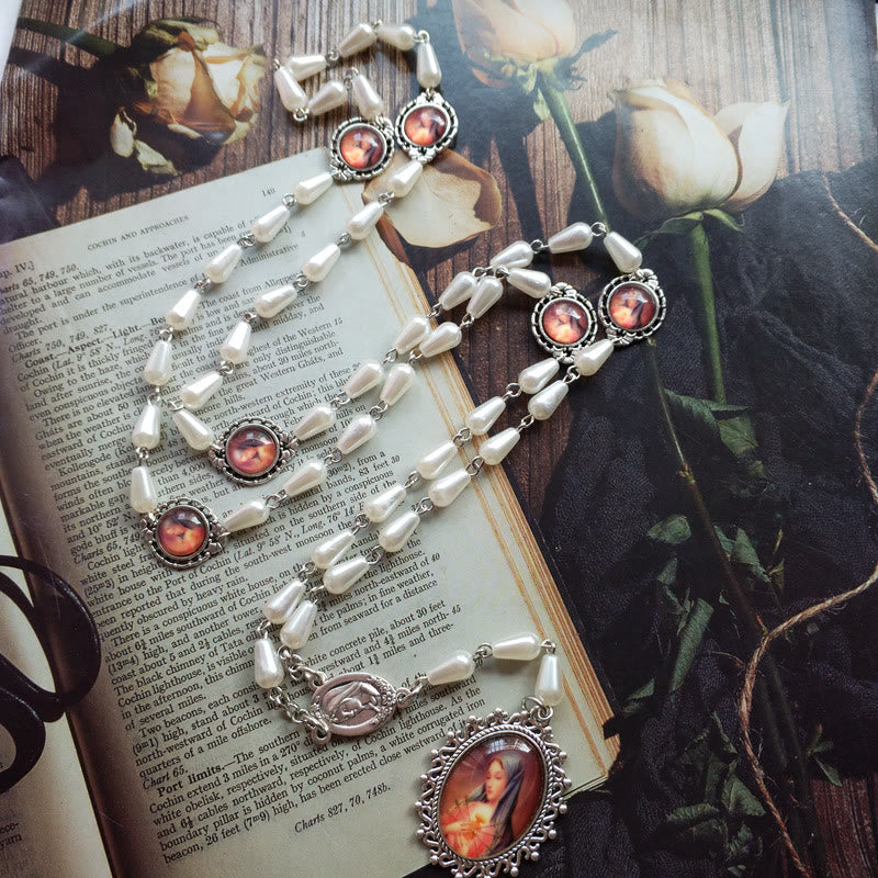 Christianartworkshop Immaculate Heart of Mary of 5*10 mm Drop-shaped White Pearl Alloy Chain Rosary - White - image 1