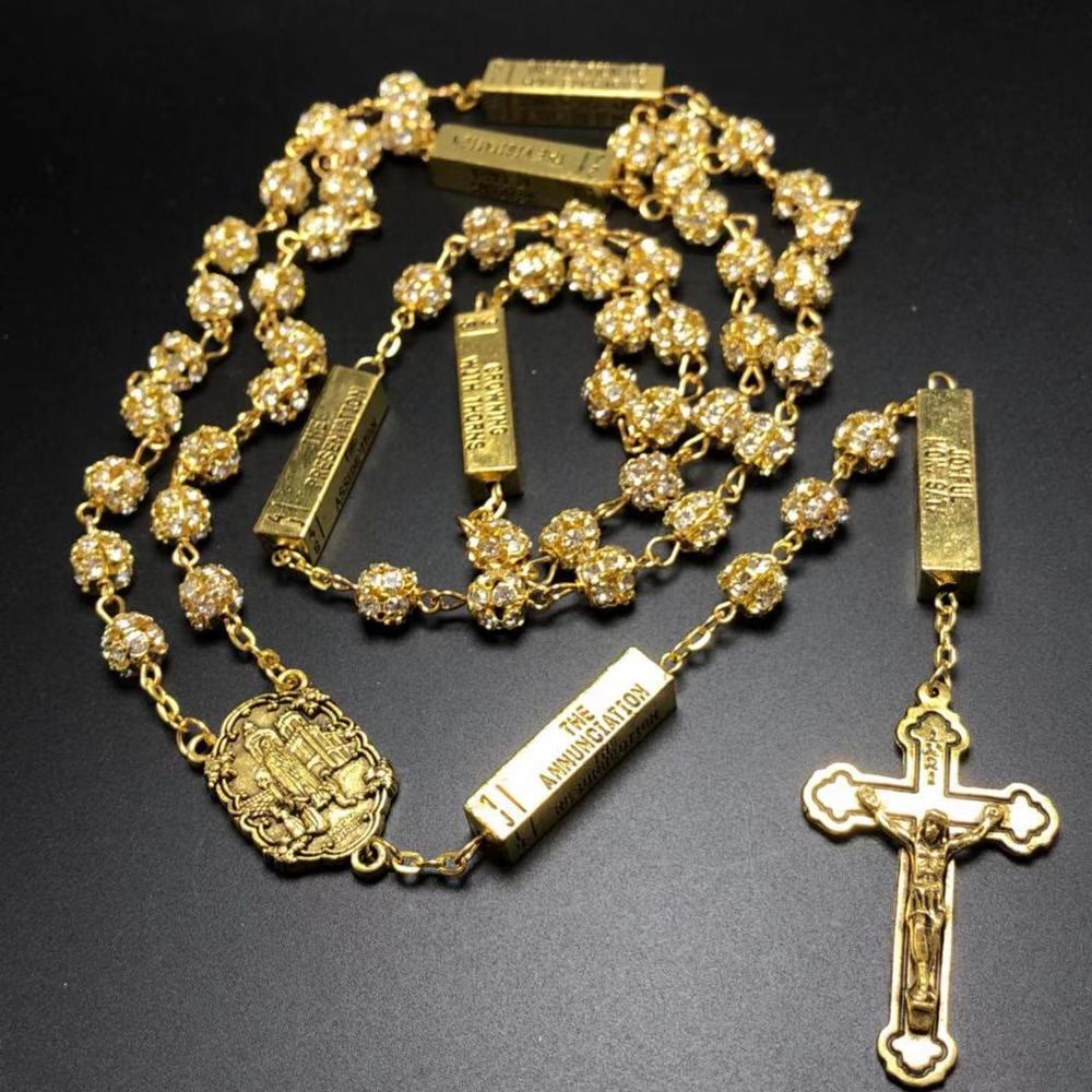Christianartworkshop Our Lady of Fátima & Crucifix of 8 mm Round Golden Metal Gems Alloy Chain Rosary - image 2
