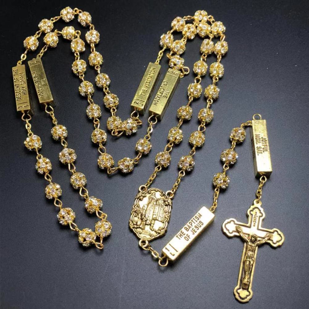Christianartworkshop Our Lady of Fátima & Crucifix of 8 mm Round Golden Metal Gems Alloy Chain Rosary - Golden - image 1