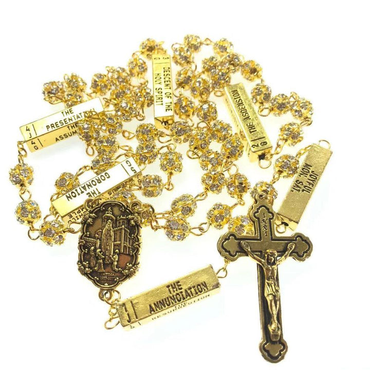 Christianartworkshop Our Lady of Fátima & Crucifix of 8 mm Round Golden Metal Gems Alloy Chain Rosary - image 5