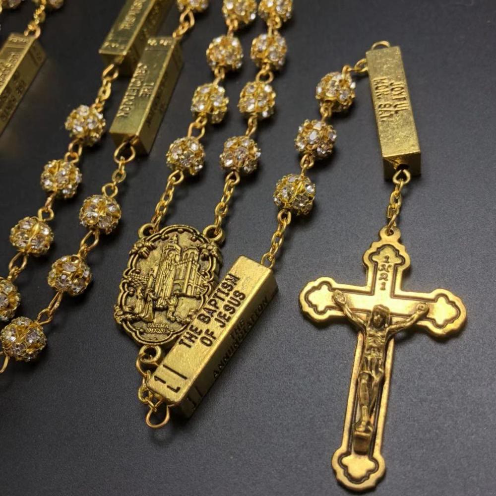 Christianartworkshop Our Lady of Fátima & Crucifix of 8 mm Round Golden Metal Gems Alloy Chain Rosary - image 3