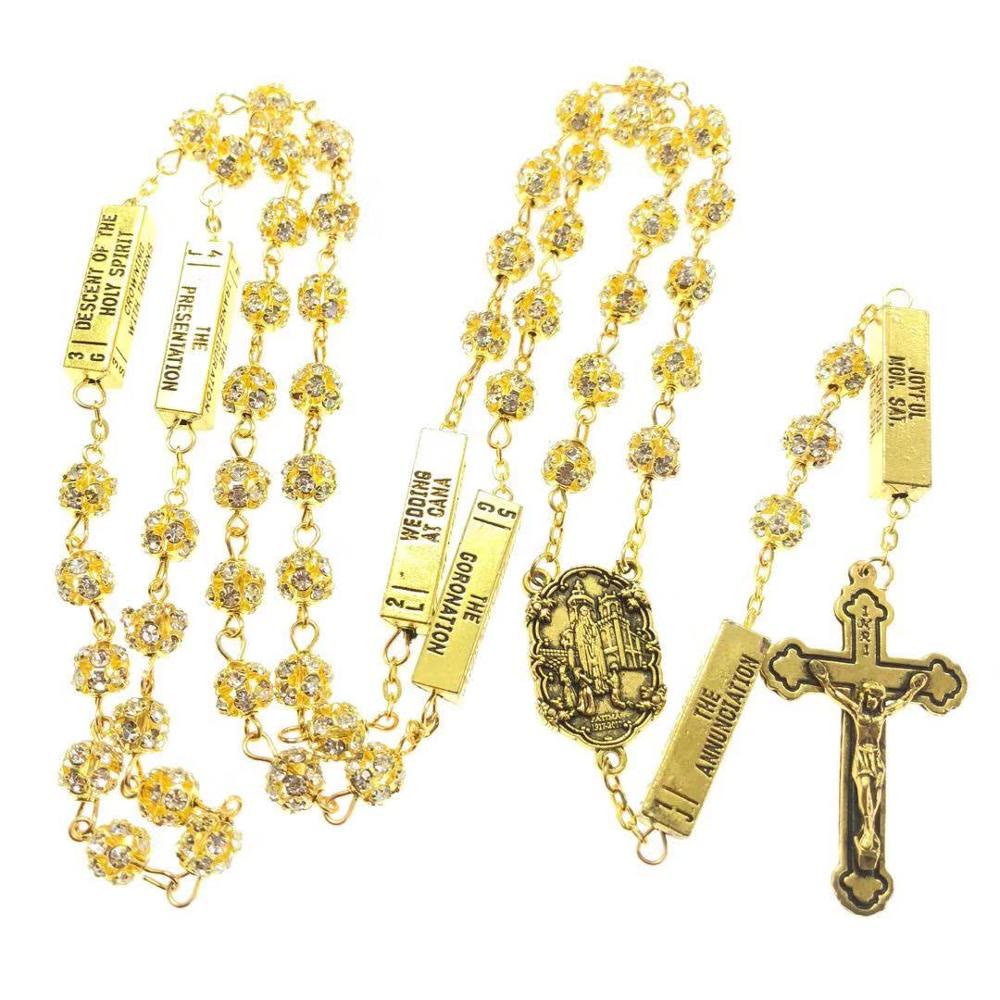 Christianartworkshop Our Lady of Fátima & Crucifix of 8 mm Round Golden Metal Gems Alloy Chain Rosary - image 4