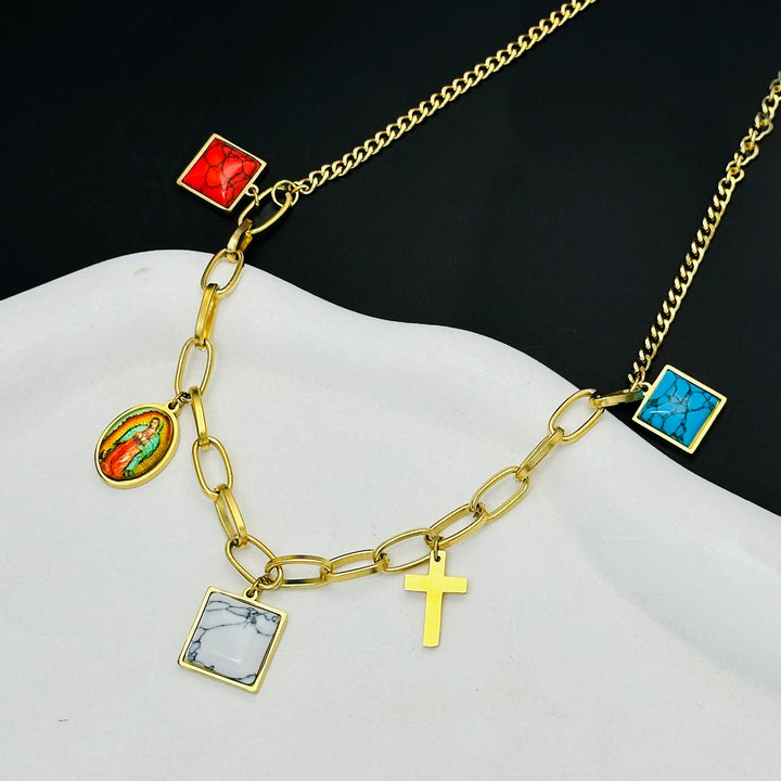 Christianartworkshop Casual Style Our Lady of Guadalupe Turquoise Cross Chocker Necklace - image 4
