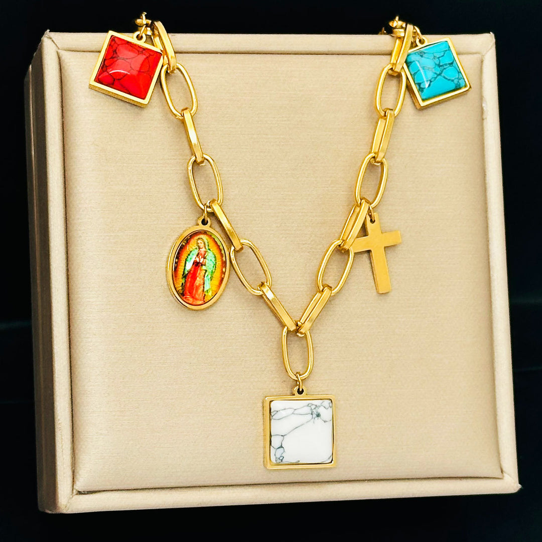 Christianartworkshop Casual Style Our Lady of Guadalupe Turquoise Cross Chocker Necklace - image 3