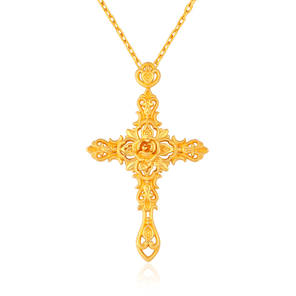Christianartworkshop 999 Pure Gold Retro Style Thorn Rose Cross Ancient Craftsmanship Pendant - 999 Gold Pendant - image 1