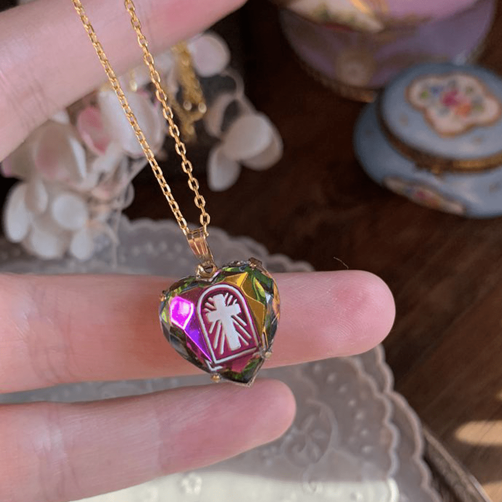 Christianartworkshop Intaglio Enamel Technique Vintage Style Iridescent Heart-Cross Glass Necklace - Pink-orange - image 1
