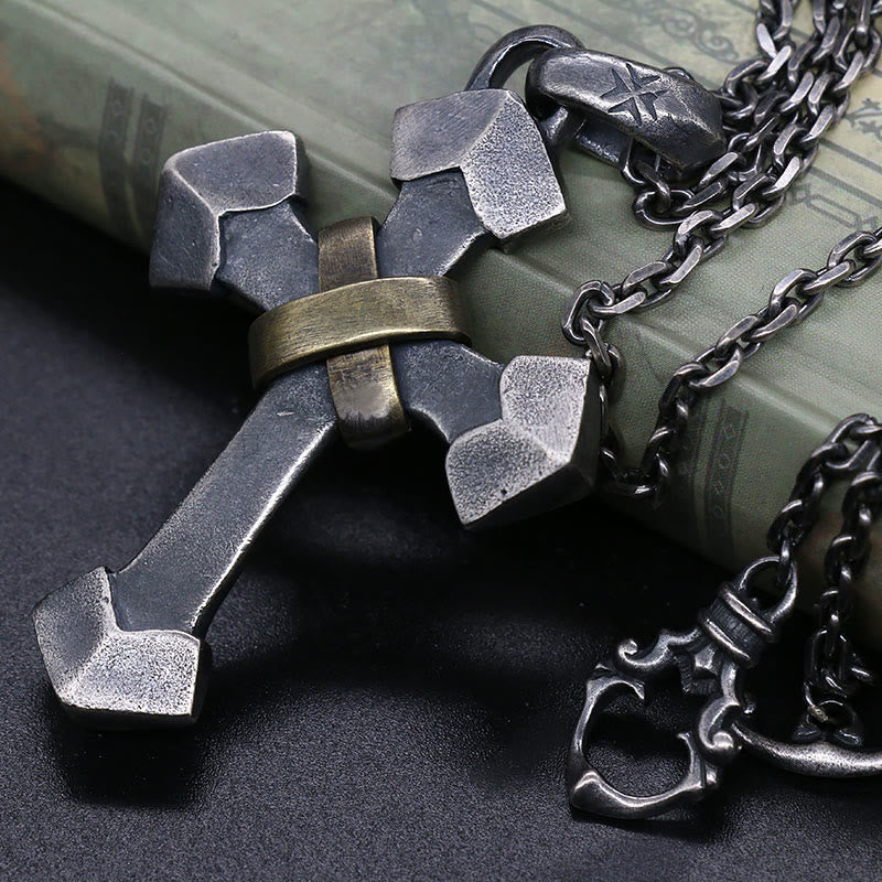 Christianartworkshop 925 Sterling Silver Retro Style Heavy Metal Cross Pendant Necklace - 925 Sterling Silver - image 1