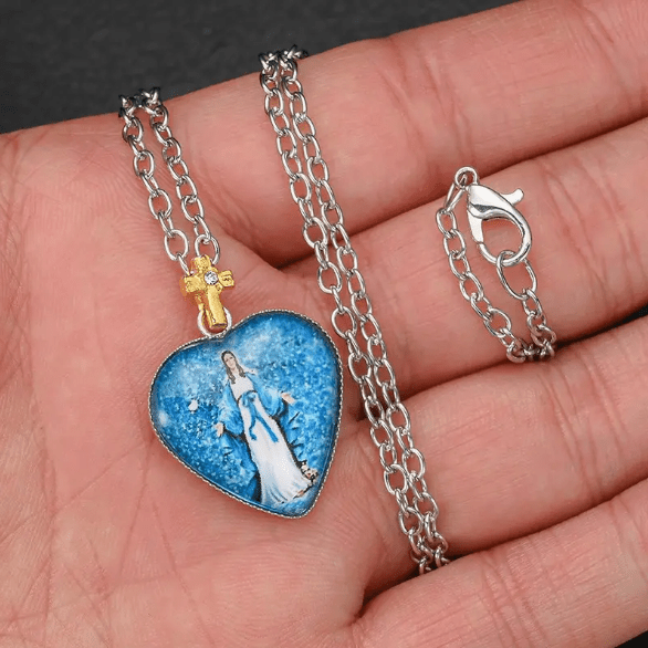 Christianartworkshop Classic Style Heart-shaped Virgin Mary Glass Pendant Necklace - image 3