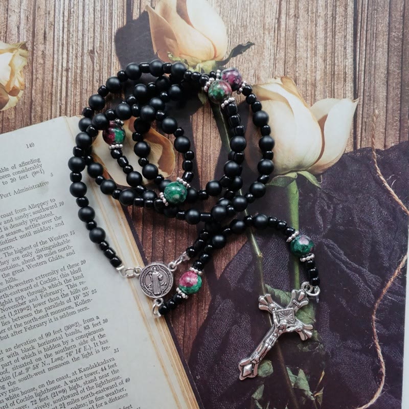 Christianartworkshop St. Benedict Medal & Crucifix of 8 mm Round Black Multi-material Nylon Cord Rosary - Black - image 1