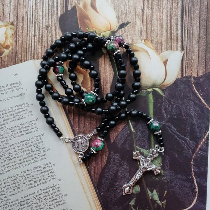Christianartworkshop St. Benedict Medal & Crucifix of 8 mm Round Black Multi-material Nylon Cord Rosary - Black - image 1