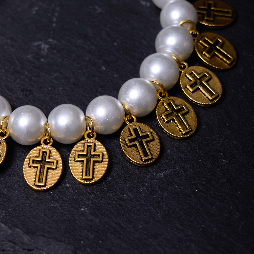 Christianartworkshop Retro Style Saint Jesus Mary Medals Cross Pearl Bracelet - image 7