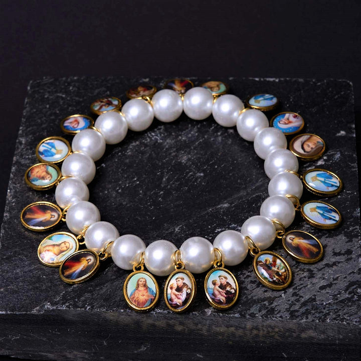 Christianartworkshop Retro Style Saint Jesus Mary Medals Cross Pearl Bracelet - image 5