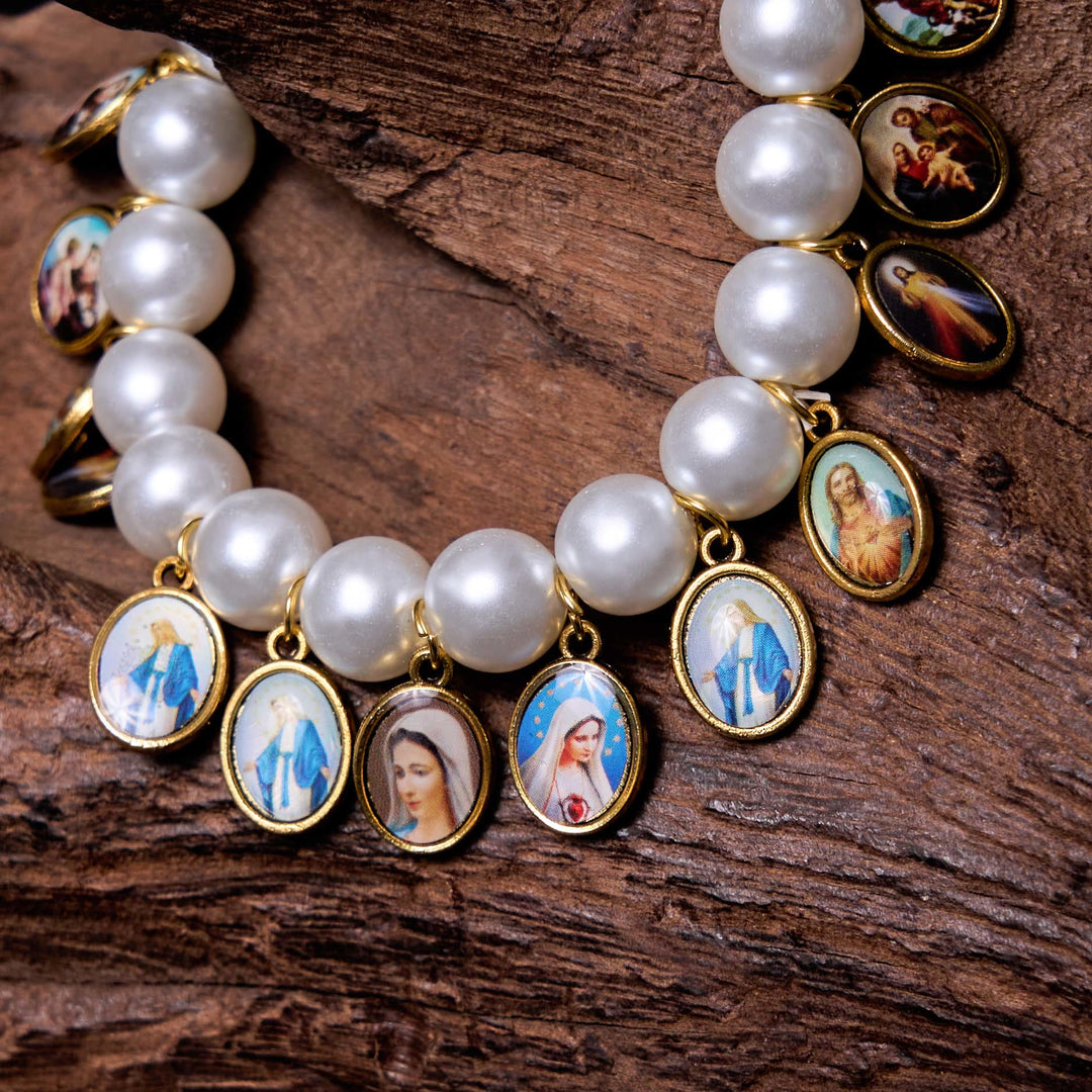 Christianartworkshop Retro Style Saint Jesus Mary Medals Cross Pearl Bracelet - image 8