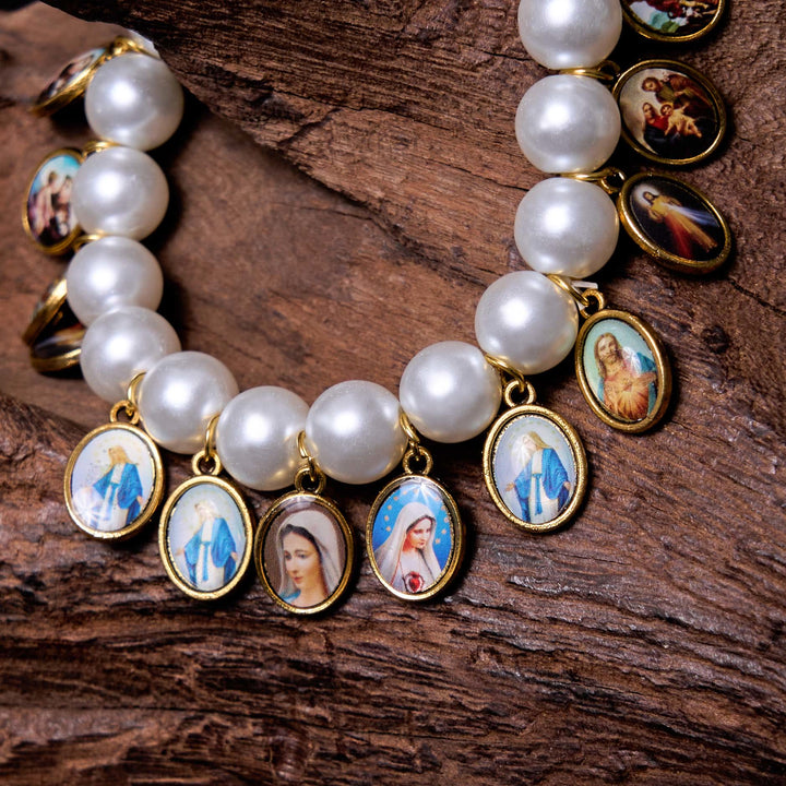 Christianartworkshop Retro Style Saint Jesus Mary Medals Cross Pearl Bracelet - image 8