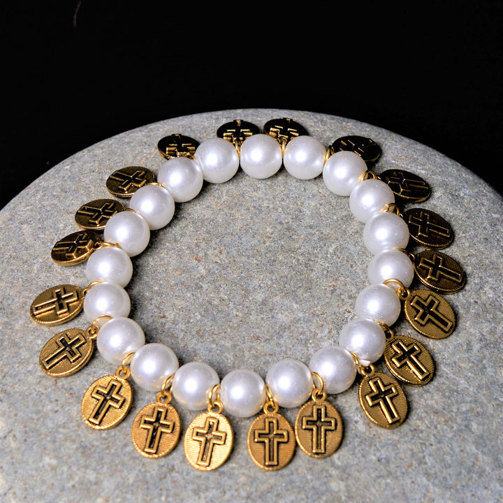 Christianartworkshop Retro Style Saint Jesus Mary Medals Cross Pearl Bracelet - image 4