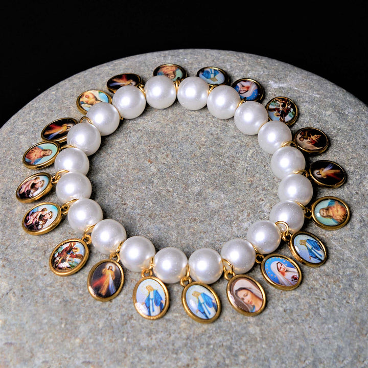 Christianartworkshop Retro Style Saint Jesus Mary Medals Cross Pearl Bracelet - image 3