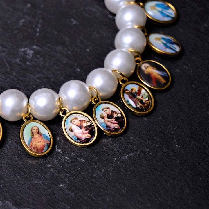 Christianartworkshop Retro Style Saint Jesus Mary Medals Cross Pearl Bracelet - image 5