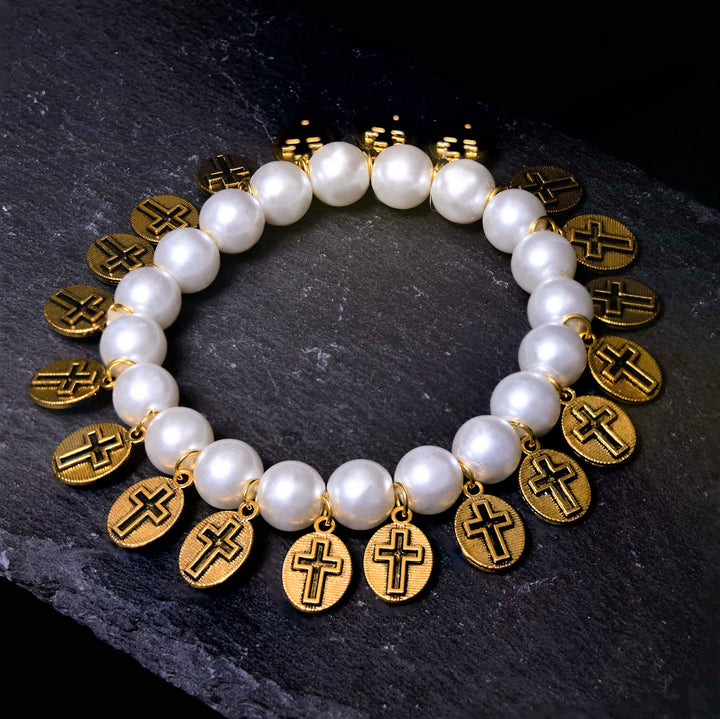 Christianartworkshop Retro Style Saint Jesus Mary Medals Cross Pearl Bracelet - image 1