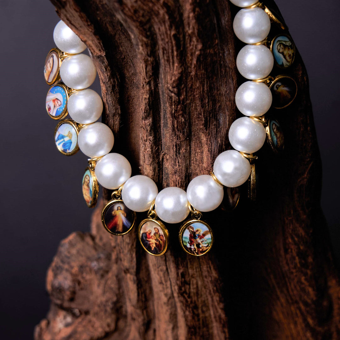 Christianartworkshop Retro Style Saint Jesus Mary Medals Cross Pearl Bracelet - image 9