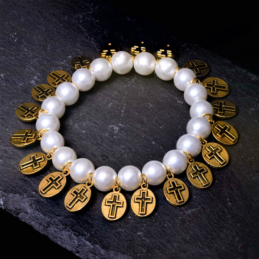 Christianartworkshop Retro Style Saint Jesus Mary Medals Cross Pearl Bracelet - image 2