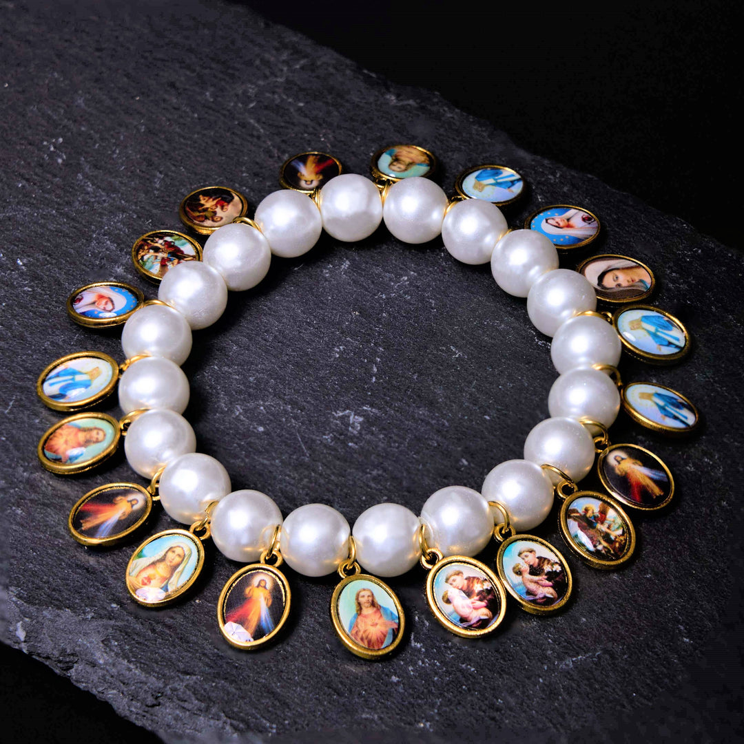 Christianartworkshop Retro Style Saint Jesus Mary Medals Cross Pearl Bracelet - Saint Medals - image 0