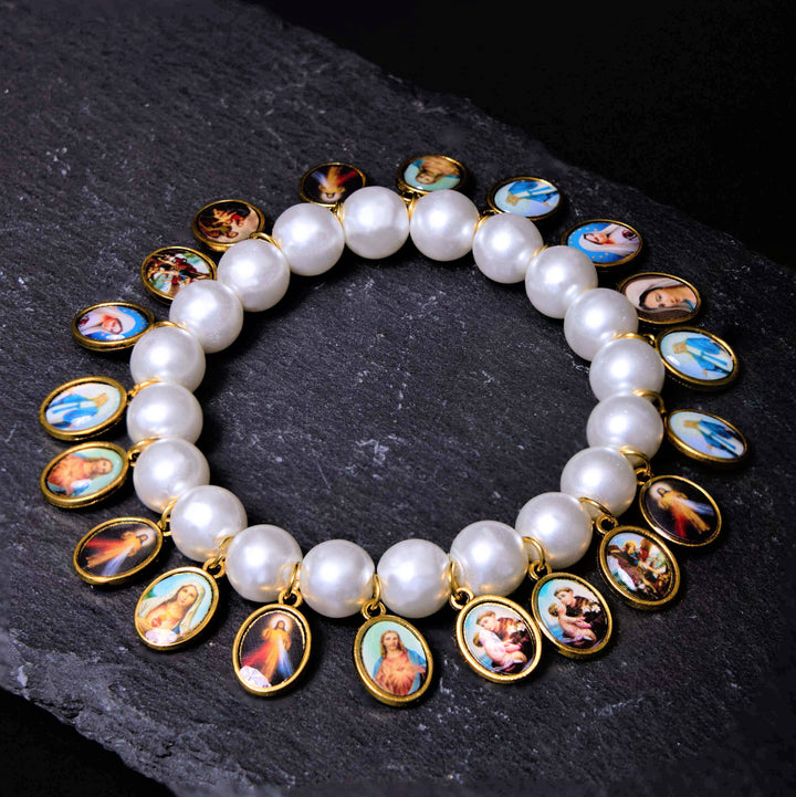 Christianartworkshop Retro Style Saint Jesus Mary Medals Cross Pearl Bracelet - Saint Medals - image 0