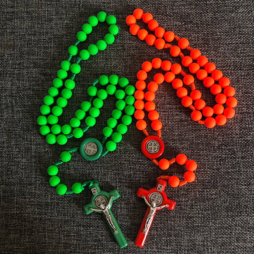 Christianartworkshop St. Benedict Medal & Crucifix of 10 mm Round Multicolor Fluorescence Acrylic Nylon Cord Rosary - image 2