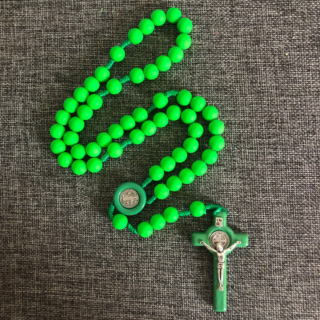 Christianartworkshop St. Benedict Medal & Crucifix of 10 mm Round Multicolor Fluorescence Acrylic Nylon Cord Rosary - Green - image 1