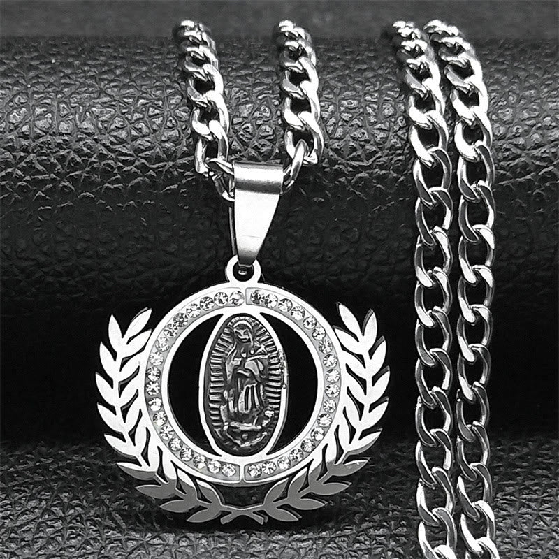 Christianartworkshop Classic Style Olive Branch with Our Lady of Guadalupe Rhinestones Pendant Necklace - Silver - image 2