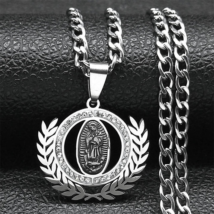 Christianartworkshop Classic Style Olive Branch with Our Lady of Guadalupe Rhinestones Pendant Necklace - Silver - image 2