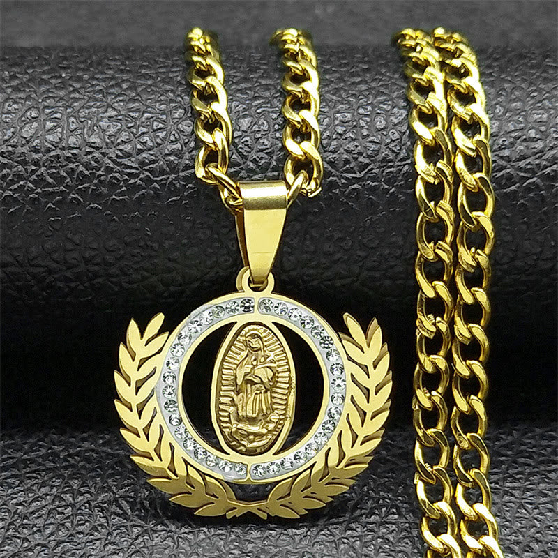 Christianartworkshop Classic Style Olive Branch with Our Lady of Guadalupe Rhinestones Pendant Necklace - Golden - image 0
