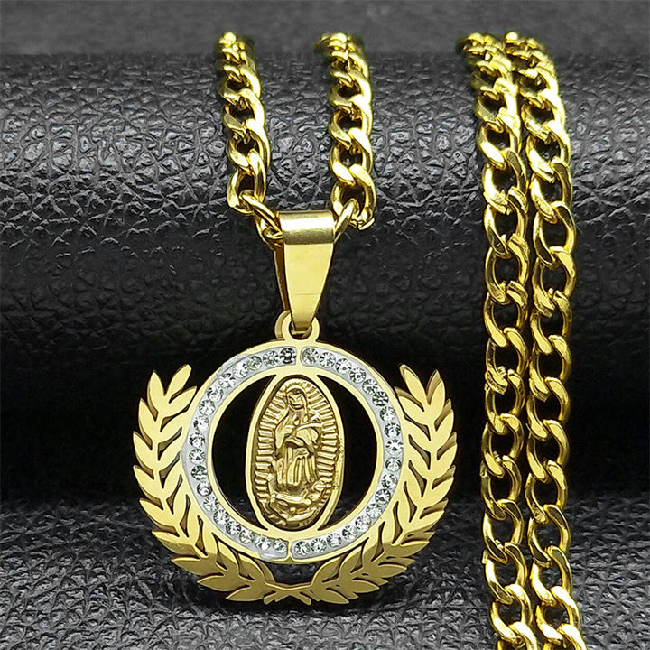 Christianartworkshop Classic Style Olive Branch with Our Lady of Guadalupe Rhinestones Pendant Necklace - Golden - image 0