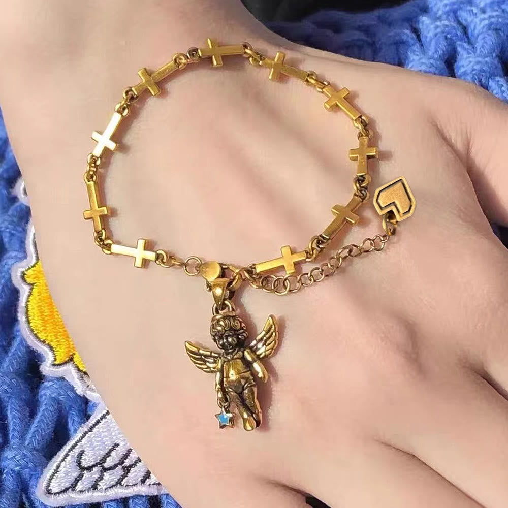 Christianartworkshop Retro Style Bronze Lucky Star Angel & Heart Cross Bracelet - Star Angel - image 0