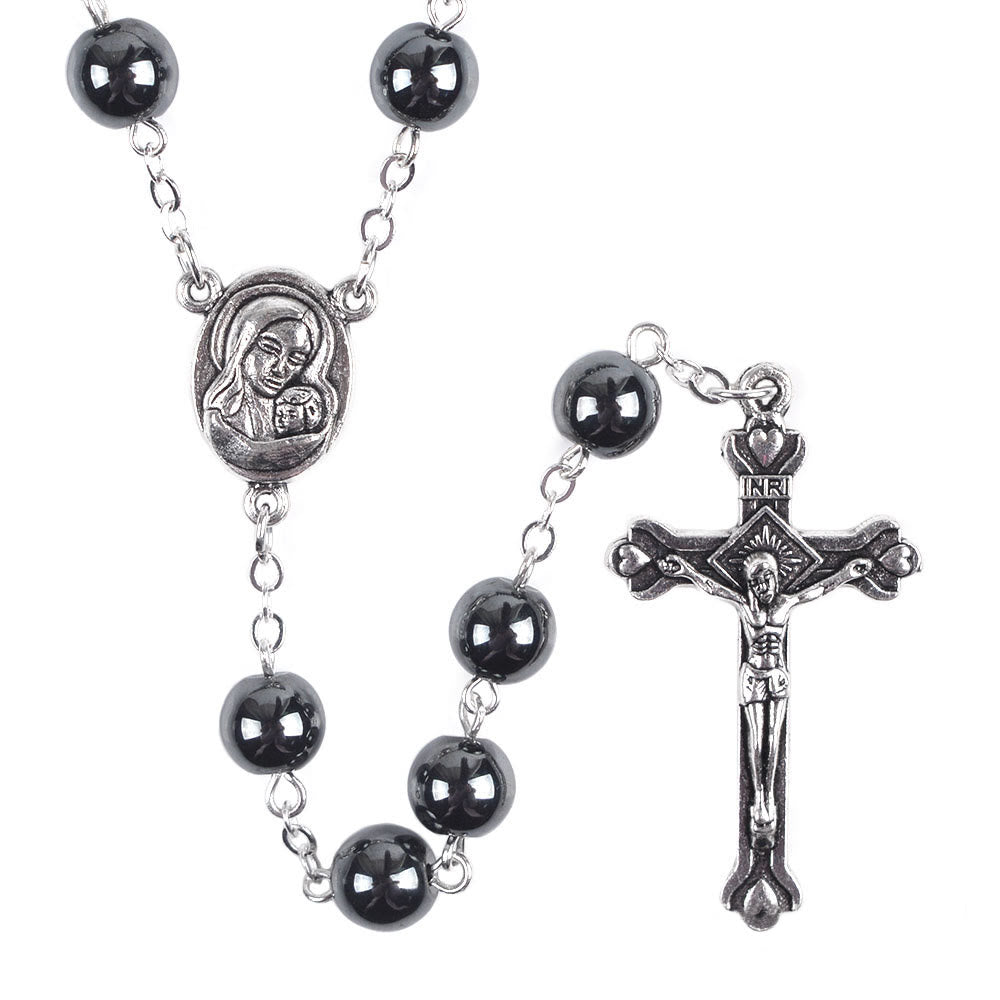 Christianartworkshop Madonna and Child & Crucifix of 8 mm Round Black Hematite Alloy Chain Rosary - image 2