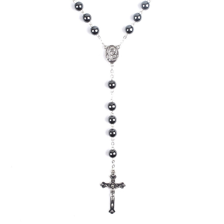 Christianartworkshop Madonna and Child & Crucifix of 8 mm Round Black Hematite Alloy Chain Rosary - image 4