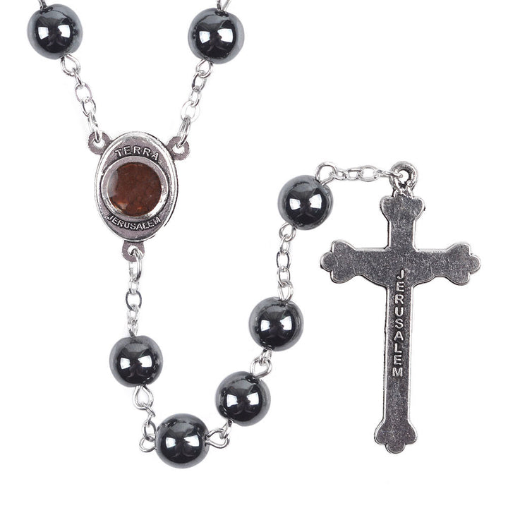 Christianartworkshop Madonna and Child & Crucifix of 8 mm Round Black Hematite Alloy Chain Rosary - image 3