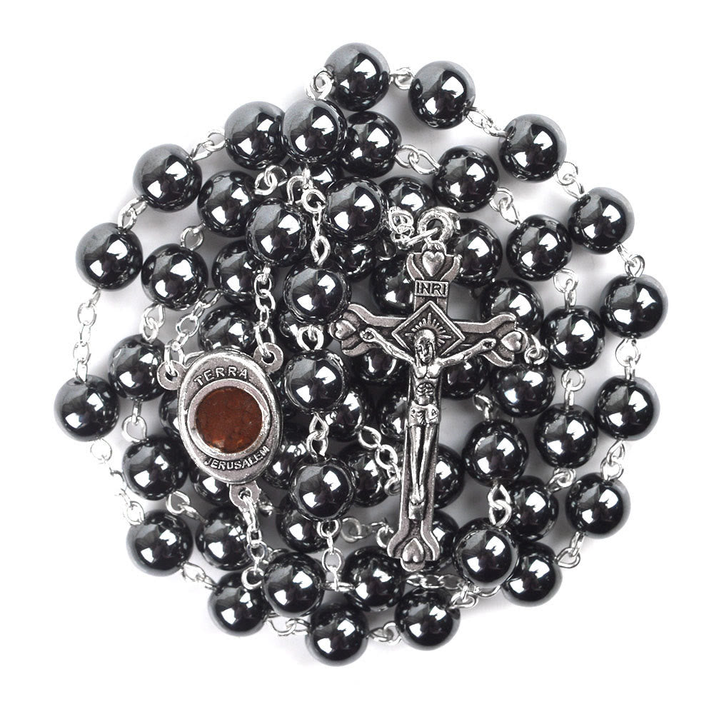 Christianartworkshop Madonna and Child & Crucifix of 8 mm Round Black Hematite Alloy Chain Rosary - Black - image 1