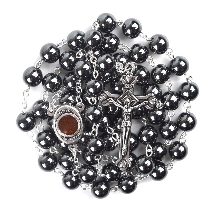 Christianartworkshop Madonna and Child & Crucifix of 8 mm Round Black Hematite Alloy Chain Rosary - Black - image 1