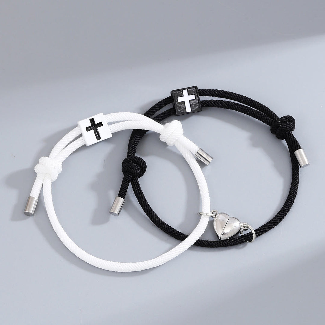 Christianartworkshop Minimalist Style Heart Magnet Alloy Cross Adjustable Couple Bracelet - Black+White - image 1