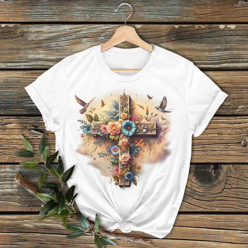 Christianartworkshop Classic Colored Style Cross of Love Short Sleeve Washed T-shirt - White - 2XL - image 0
