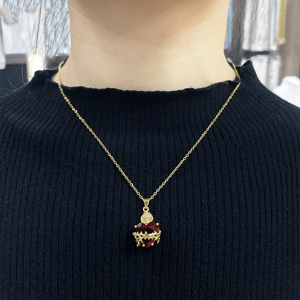 Christianartworkshop FAITH AS YOUR ARMOR: Red Gemstones Sacred Heart of Jesus Pendant Necklace - image 6