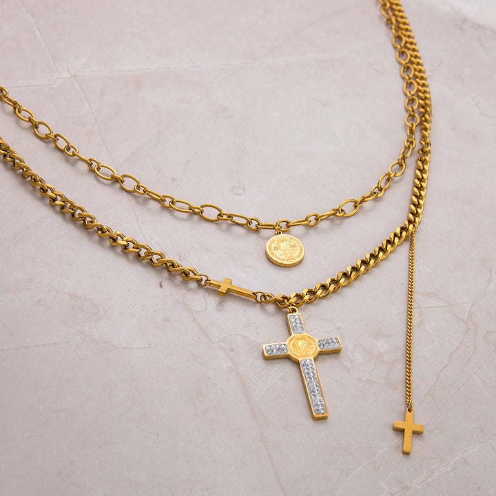 Christianartworkshop Layered Necklace Style St. Benedict Cross Pendant Mixed Chain Necklace - image 4